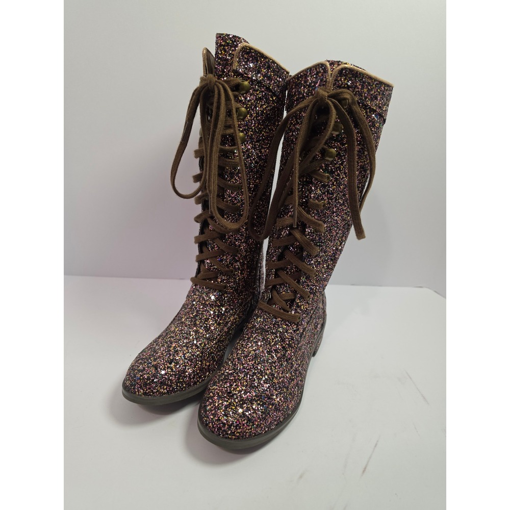 Joyfolie Keiko Tall Boots Confetti Glitter Lace Up Side Zip Kids Youth 2Y